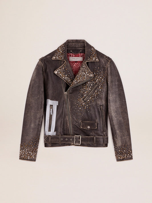 Men's leather biker jacket with hammered studs and adhesive tape | Golden Goose