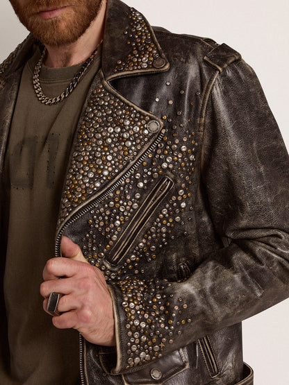 Men's leather biker jacket with hammered studs and adhesive tape | Golden Goose