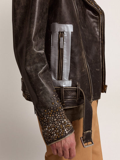 Men's leather biker jacket with hammered studs and adhesive tape | Golden Goose