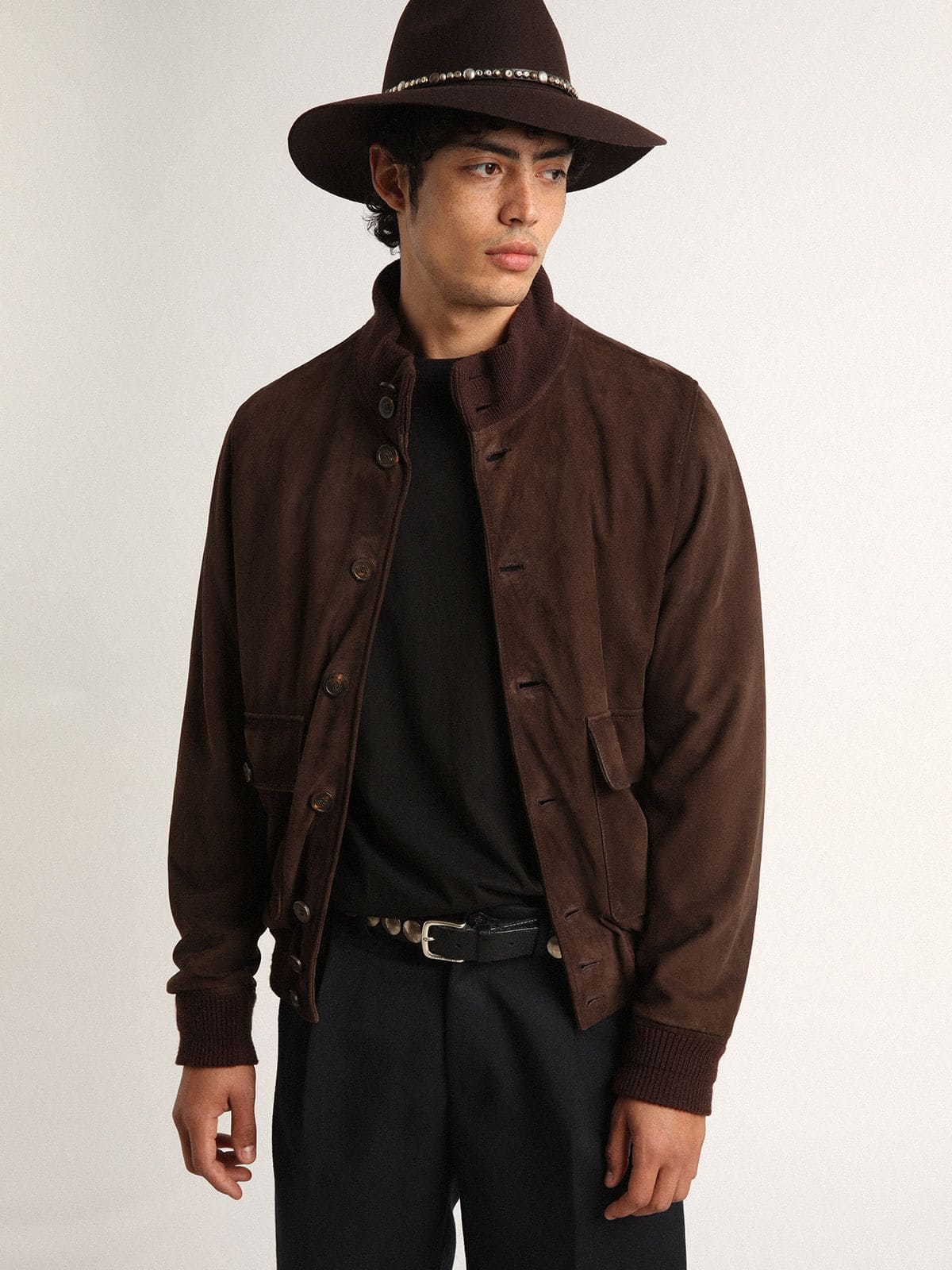 Golden Collection flight jacket in dark brown suede | Golden Goose