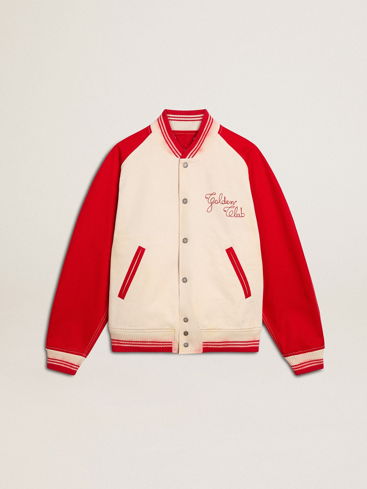 Bomber jacket in worn white and red with embroidery | Golden Goose