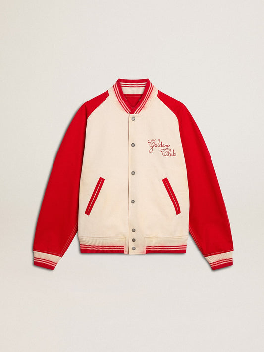 Bomber jacket in worn white and red with embroidery | Golden Goose