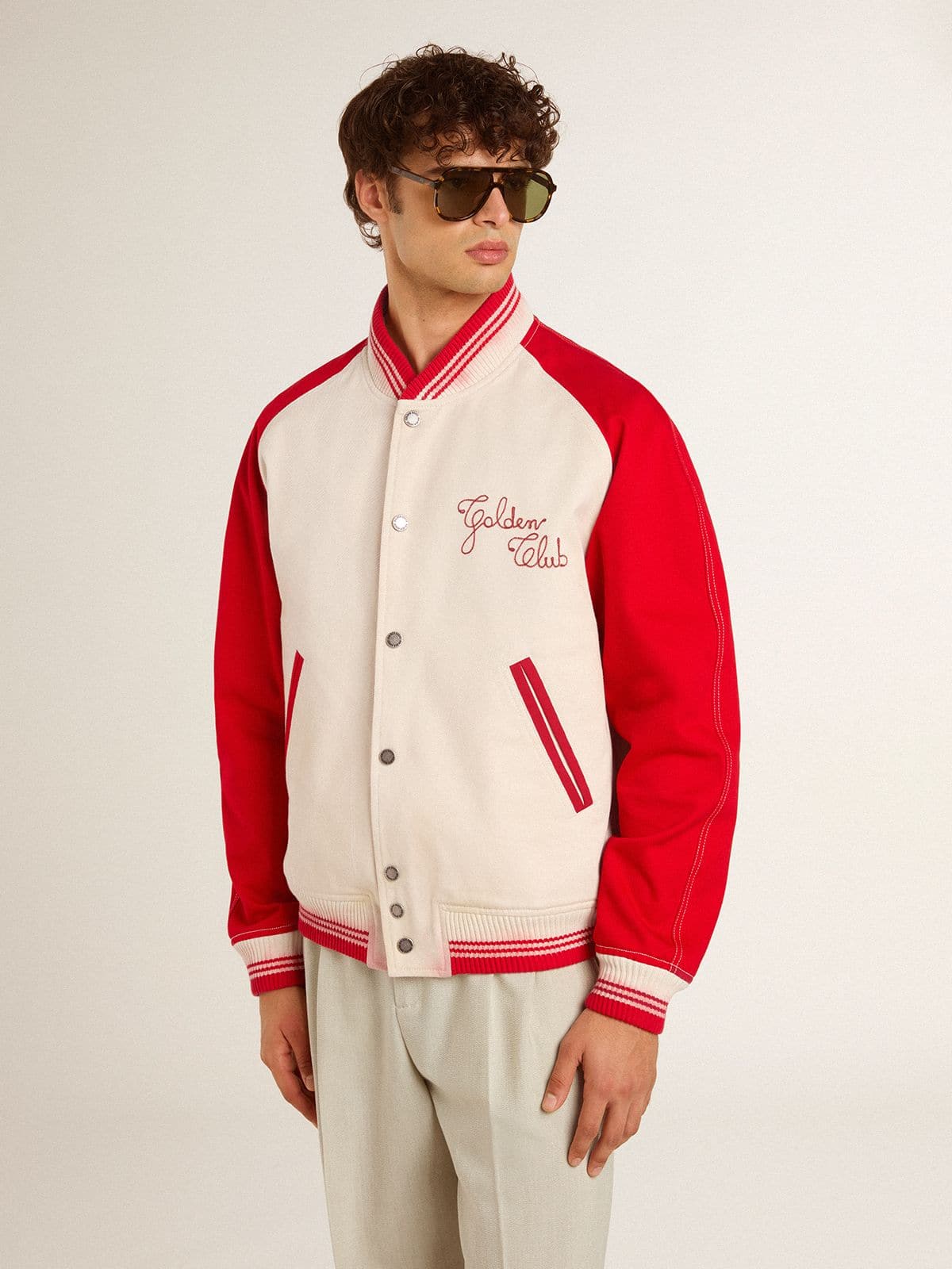 Bomber jacket in worn white and red with embroidery | Golden Goose