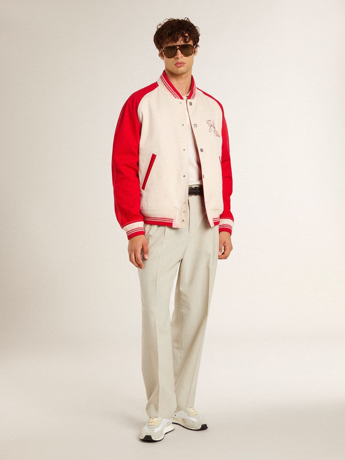 Bomber jacket in worn white and red with embroidery | Golden Goose