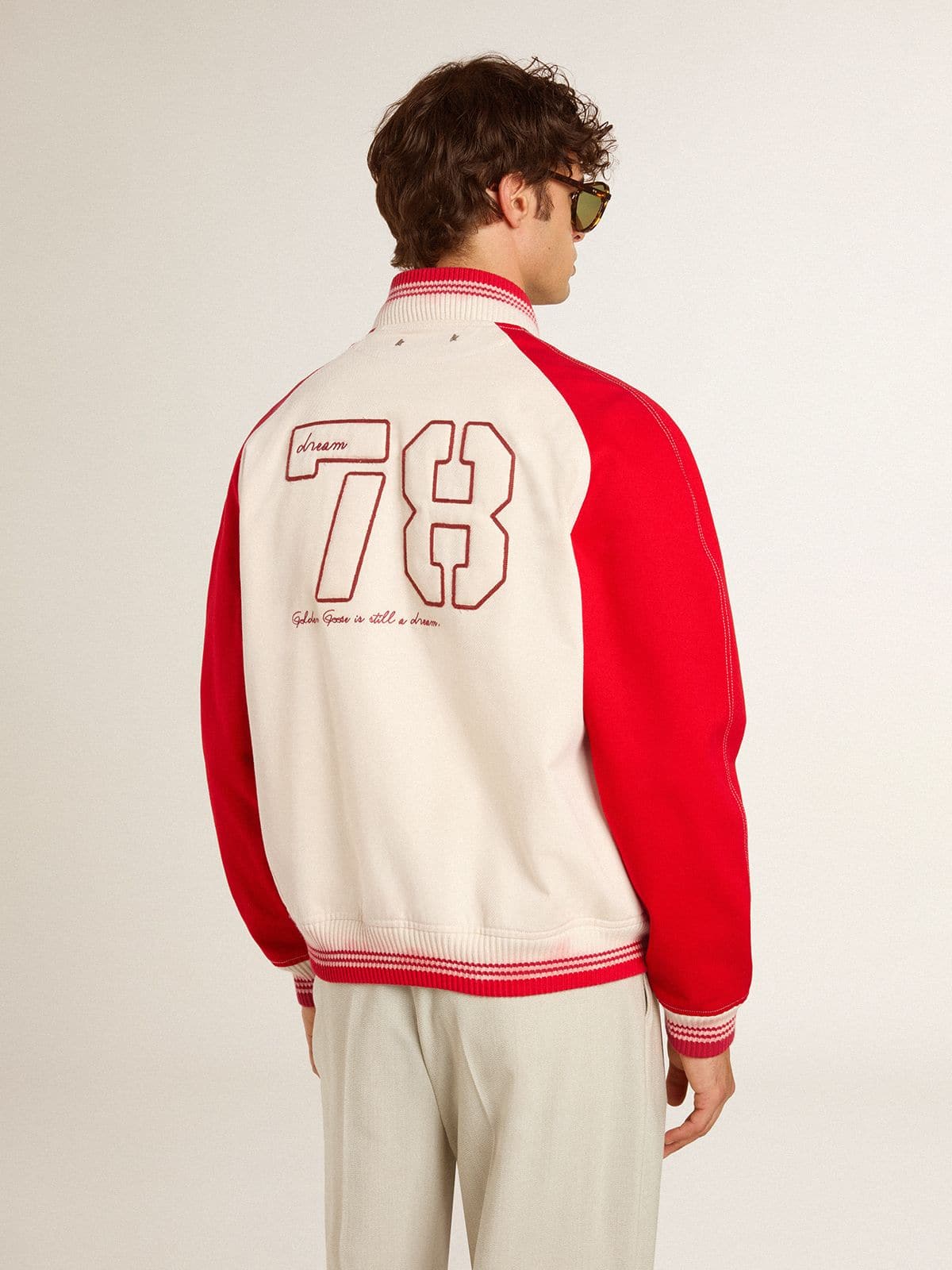 Bomber jacket in worn white and red with embroidery | Golden Goose