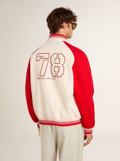 Bomber jacket in worn white and red with embroidery | Golden Goose