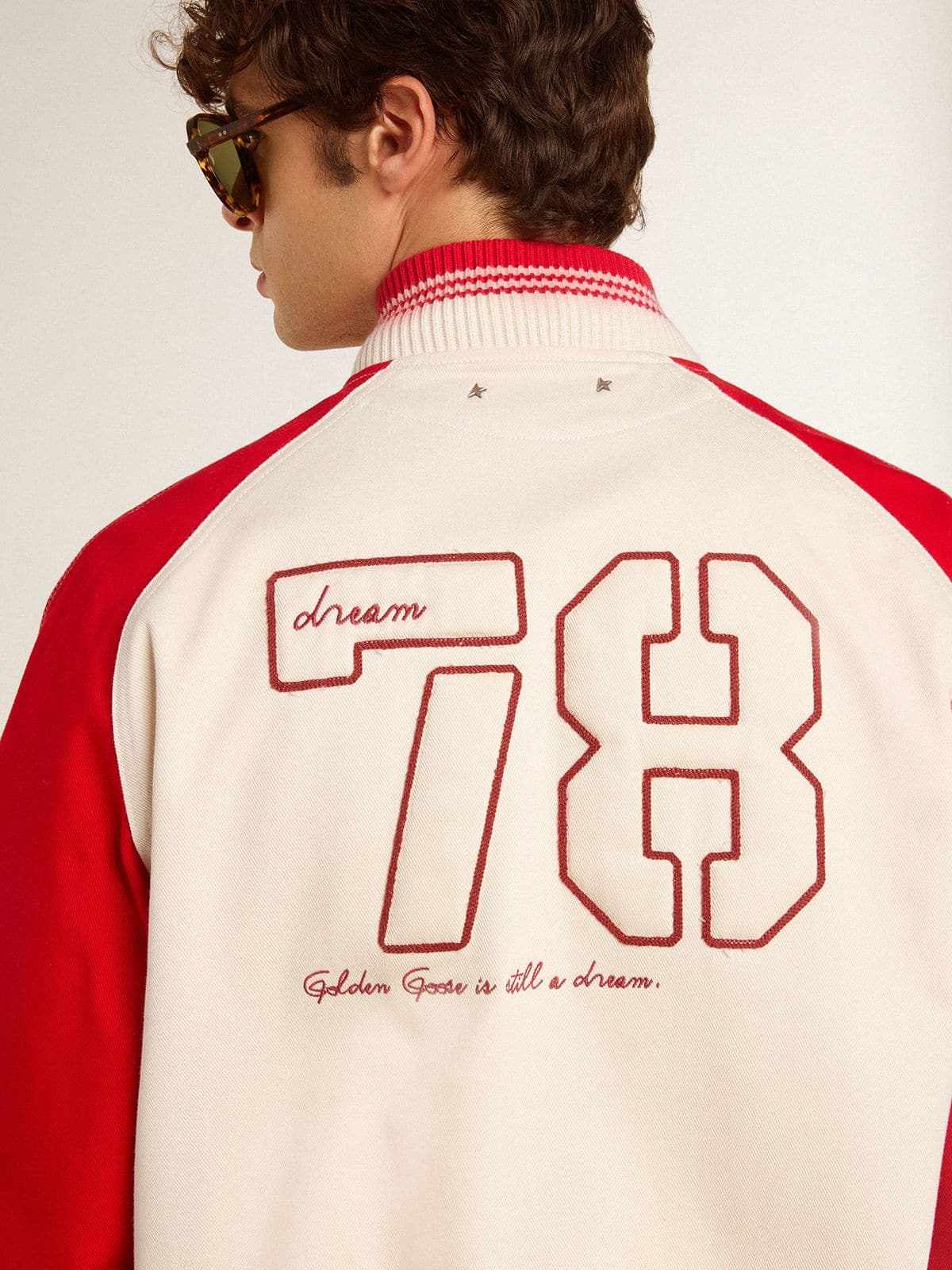 Bomber jacket in worn white and red with embroidery | Golden Goose