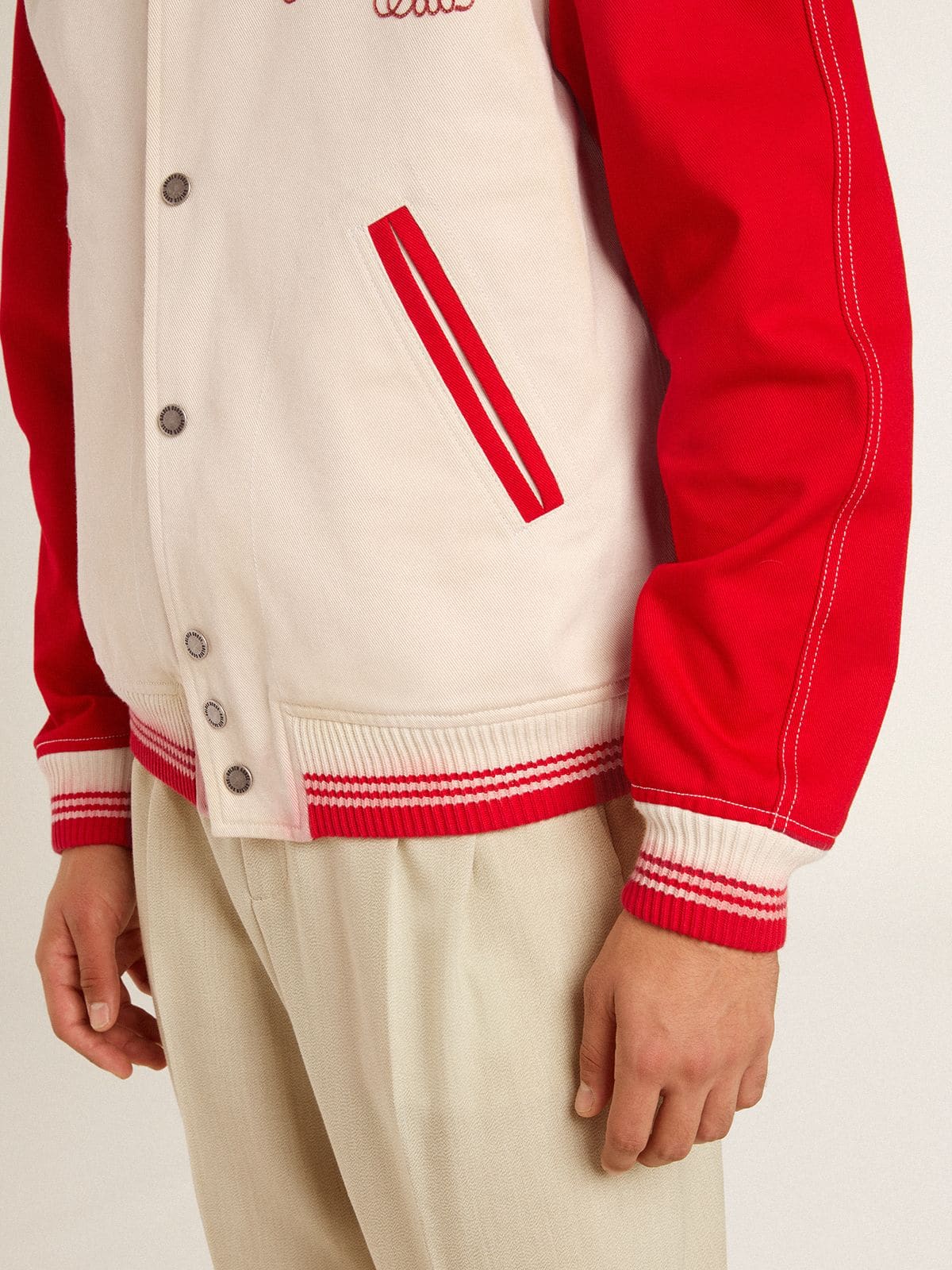 Bomber jacket in worn white and red with embroidery | Golden Goose