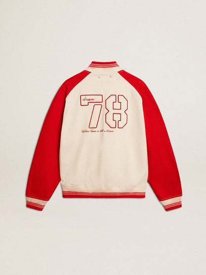Bomber jacket in worn white and red with embroidery | Golden Goose