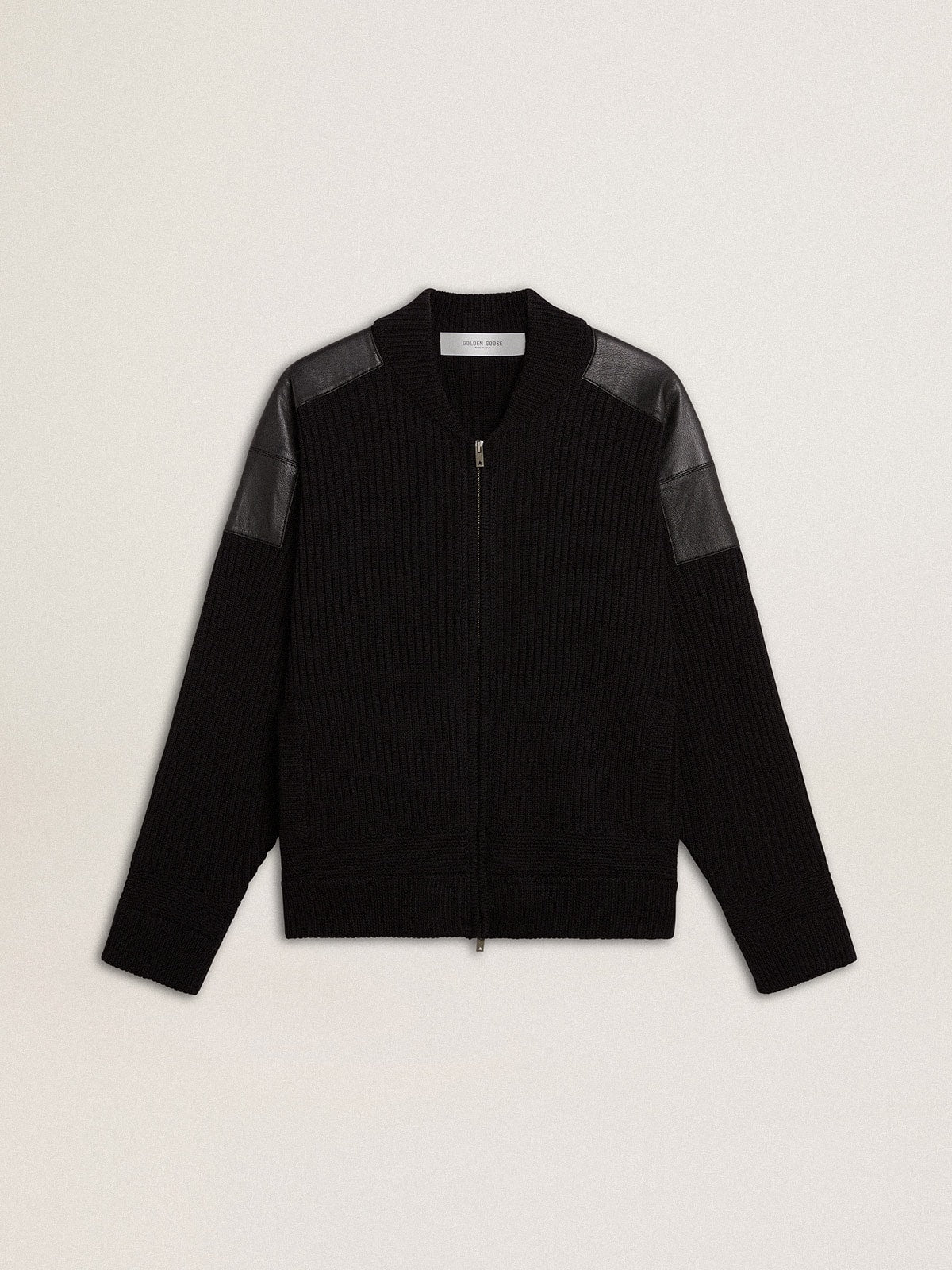 Men's black merino wool jacket with leather patches | Golden Goose