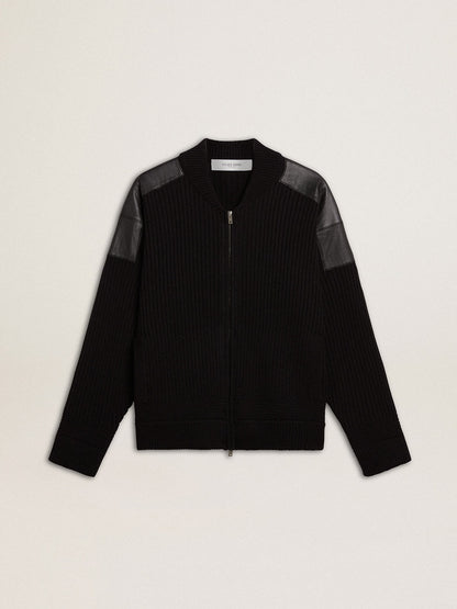 Men's black merino wool jacket with leather patches | Golden Goose
