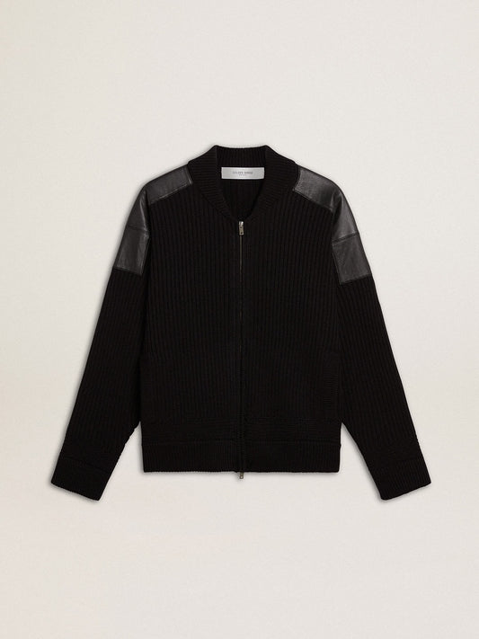 Men's black merino wool jacket with leather patches | Golden Goose