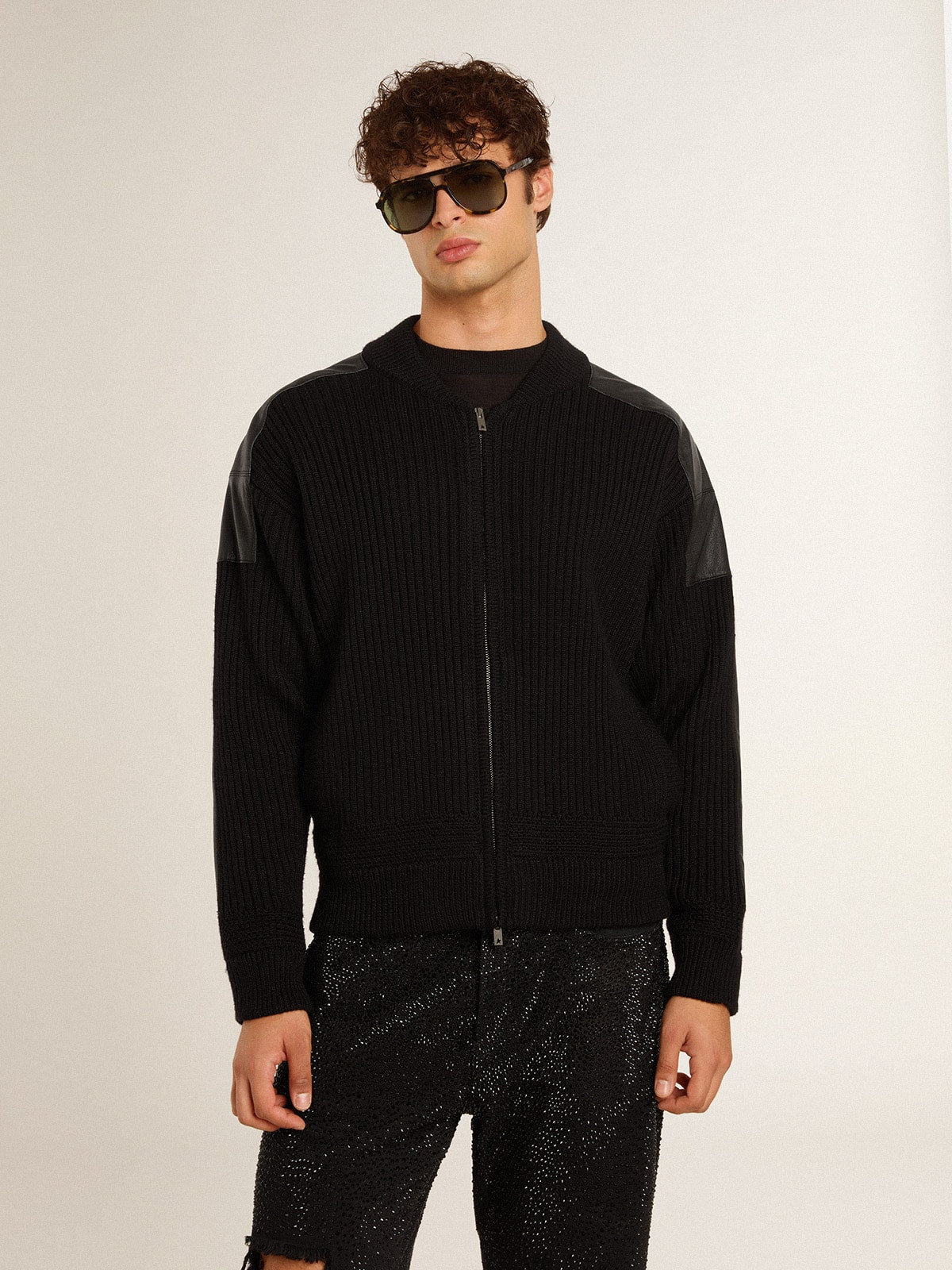 Men's black merino wool jacket with leather patches | Golden Goose