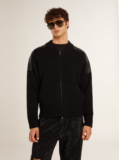 Men's black merino wool jacket with leather patches | Golden Goose