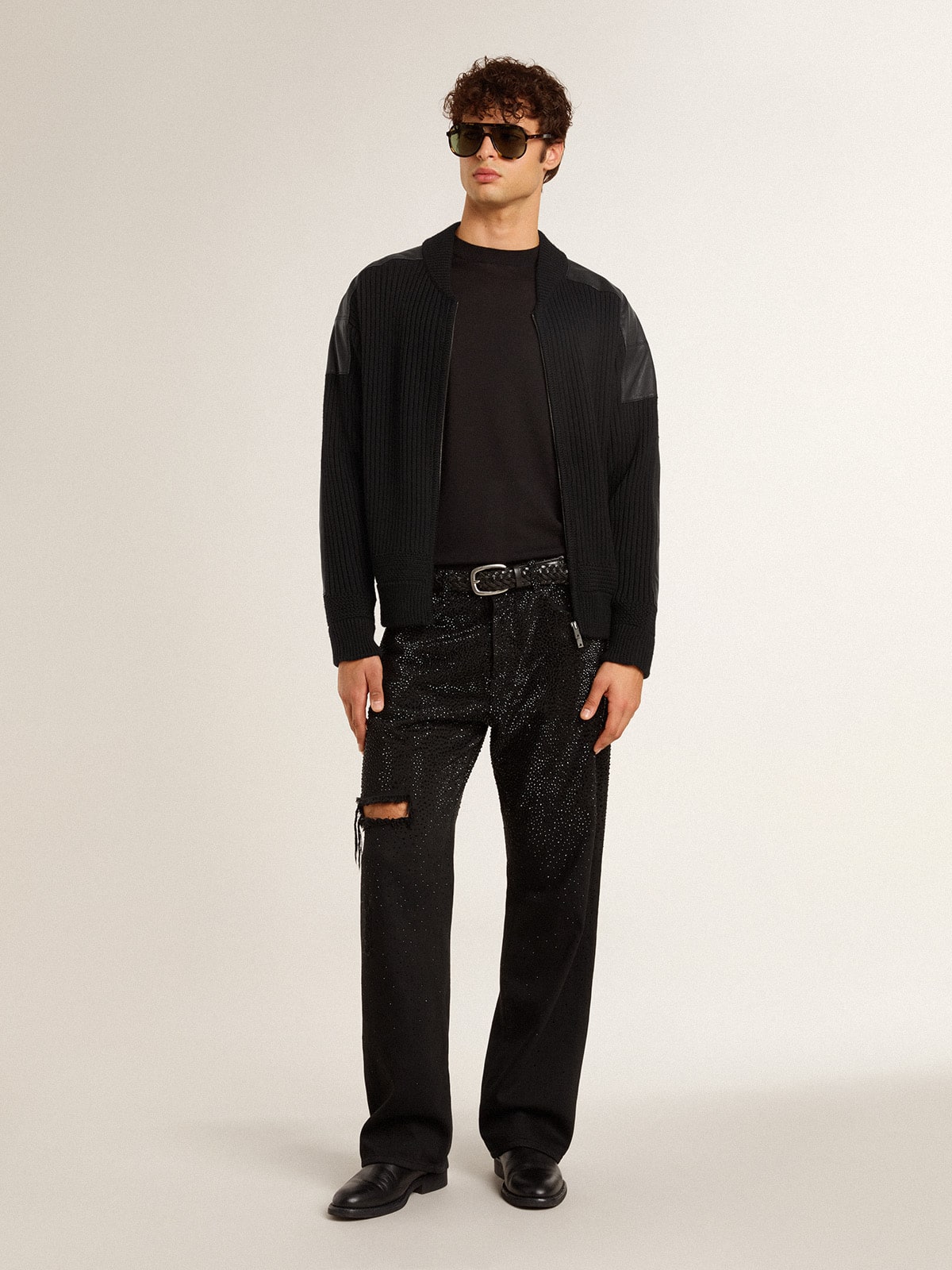Men's black merino wool jacket with leather patches | Golden Goose