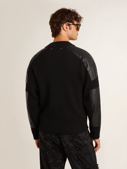 Men's black merino wool jacket with leather patches | Golden Goose