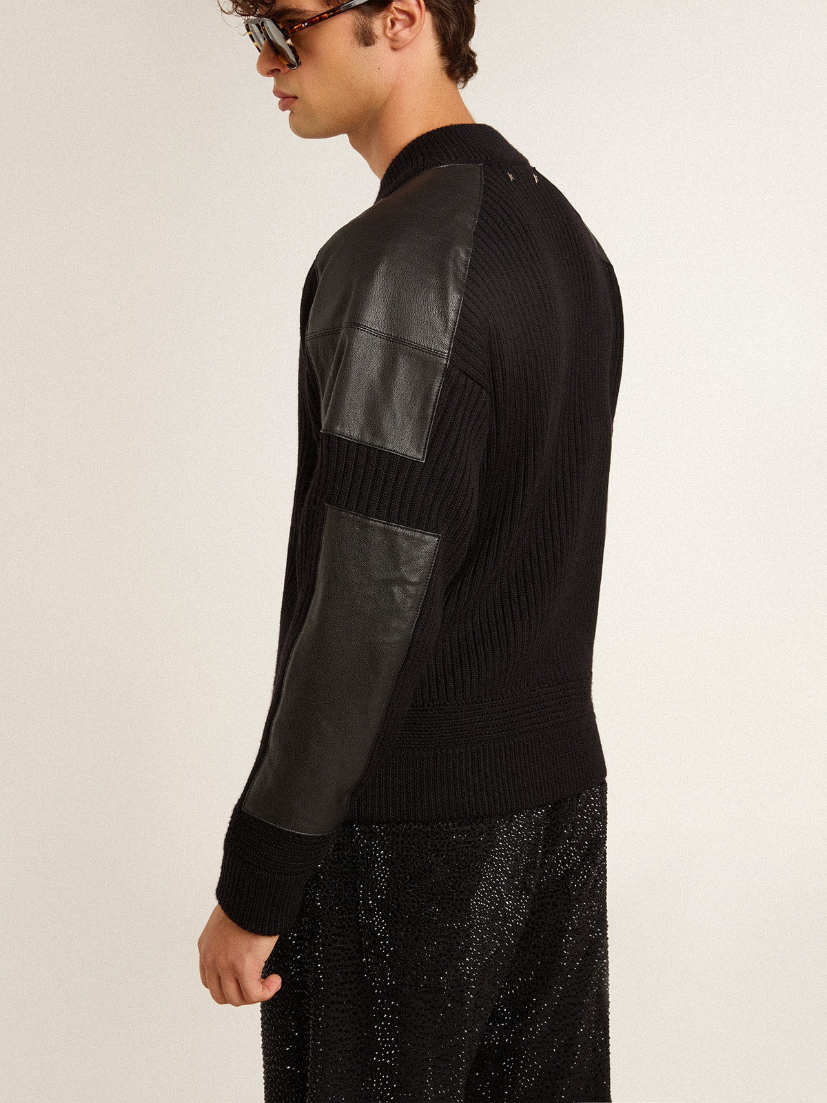 Men's black merino wool jacket with leather patches | Golden Goose