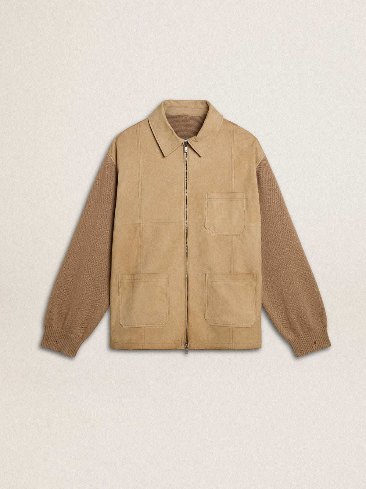 Men's jacket in travertine-colored nubuck leather with wool-blend sleeves and back | Golden Goose