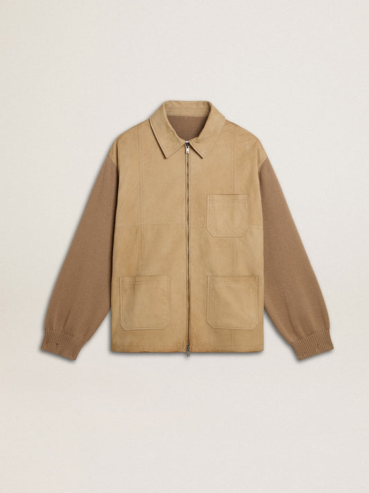 Men's jacket in travertine-colored nubuck leather with wool-blend sleeves and back | Golden Goose
