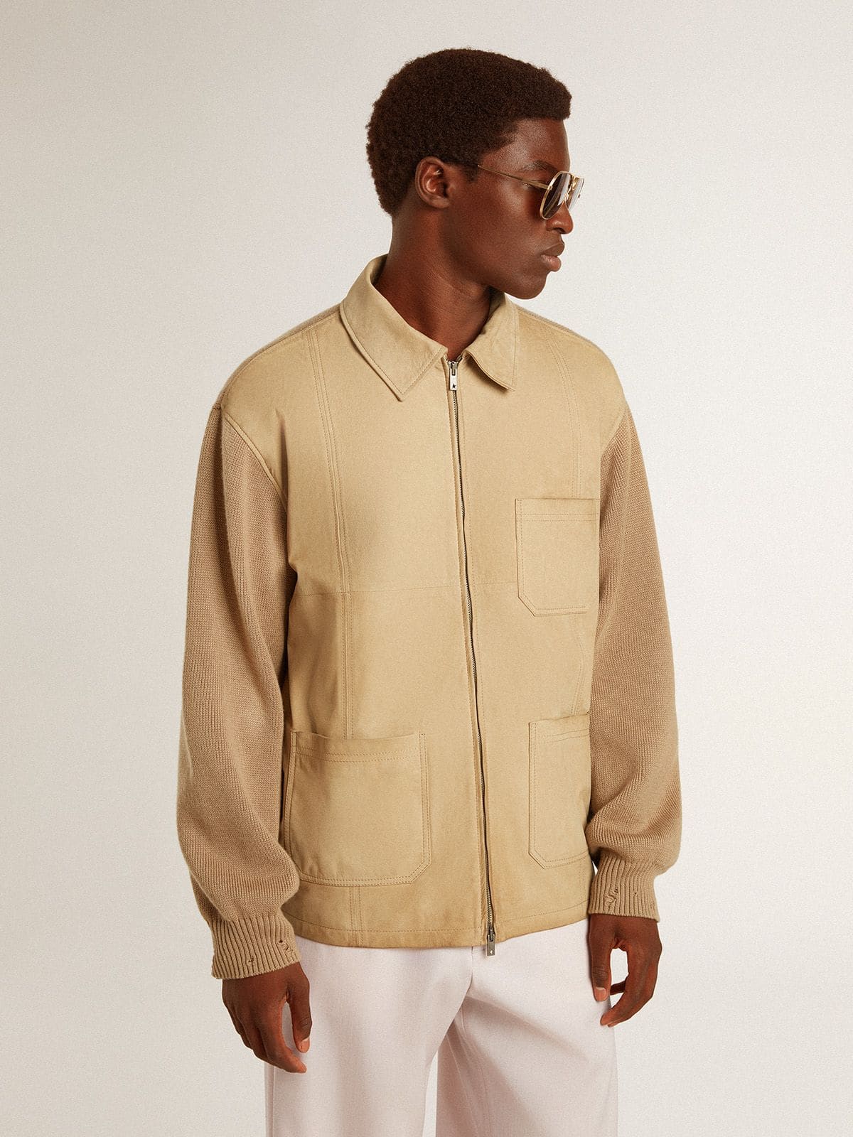 Men's jacket in travertine-colored nubuck leather with wool-blend sleeves and back | Golden Goose