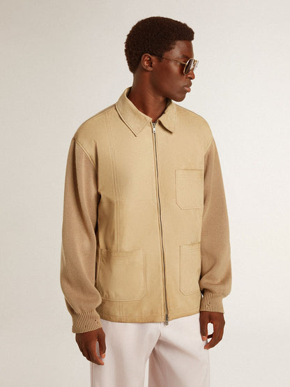 Men's jacket in travertine-colored nubuck leather with wool-blend sleeves and back | Golden Goose
