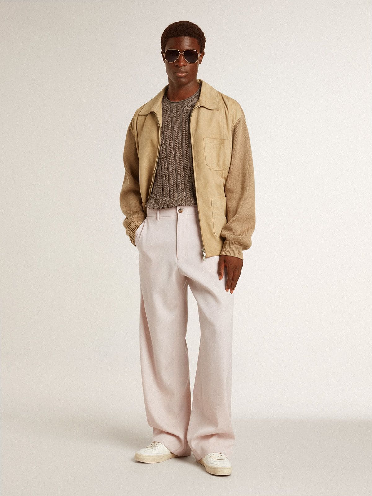 Men's jacket in travertine-colored nubuck leather with wool-blend sleeves and back | Golden Goose