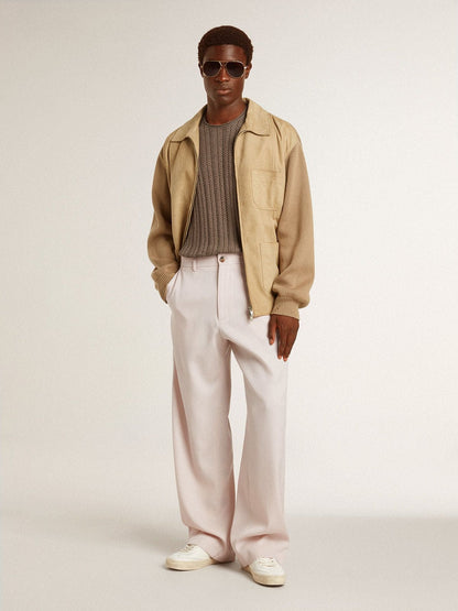 Men's jacket in travertine-colored nubuck leather with wool-blend sleeves and back | Golden Goose