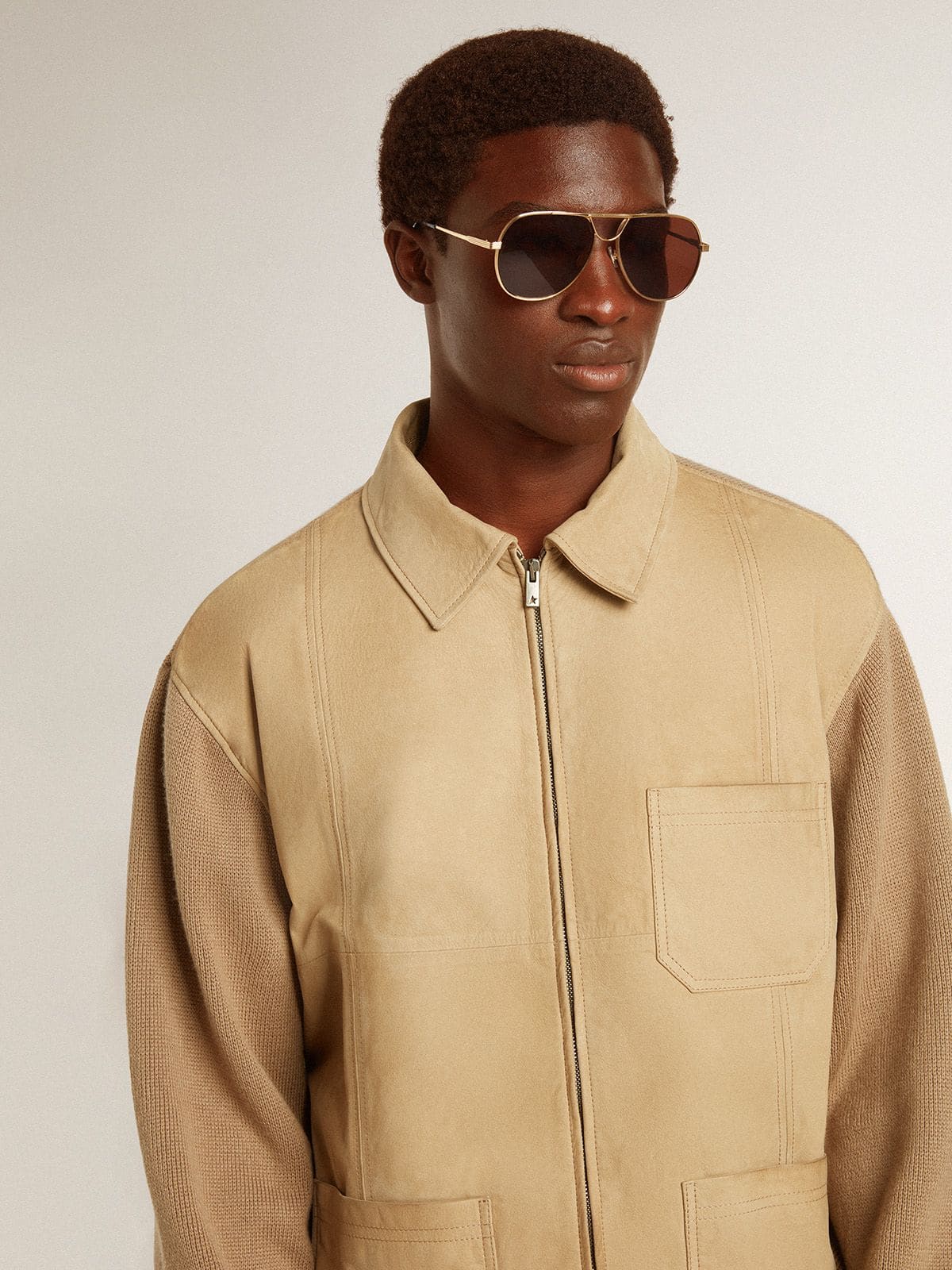 Men's jacket in travertine-colored nubuck leather with wool-blend sleeves and back | Golden Goose