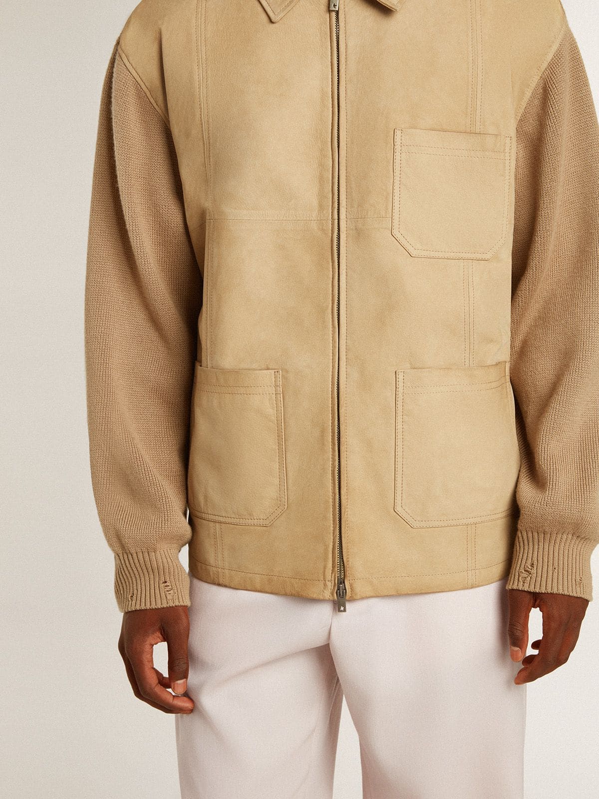 Men's jacket in travertine-colored nubuck leather with wool-blend sleeves and back | Golden Goose
