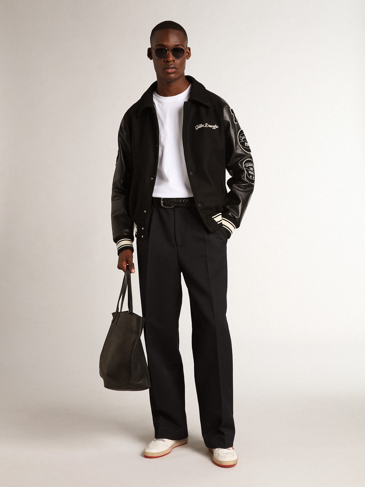 Black wool bomber jacket with patch | Golden Goose