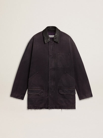 Men's denim jacket with distressed details and leather collar | Golden Goose