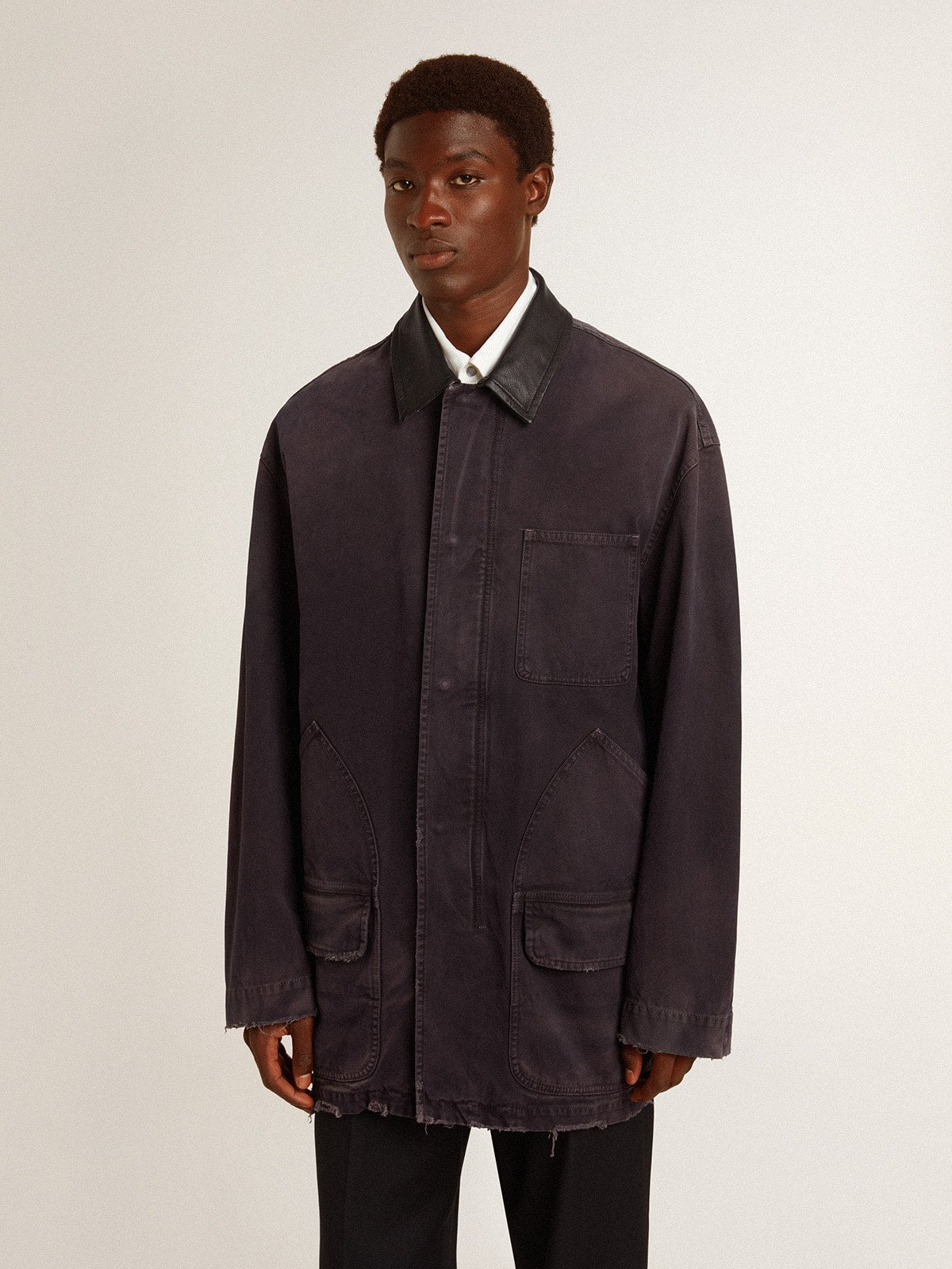 Men's denim jacket with distressed details and leather collar | Golden Goose