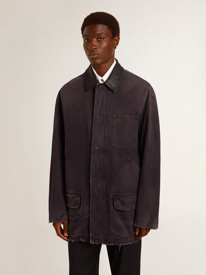 Men's denim jacket with distressed details and leather collar | Golden Goose