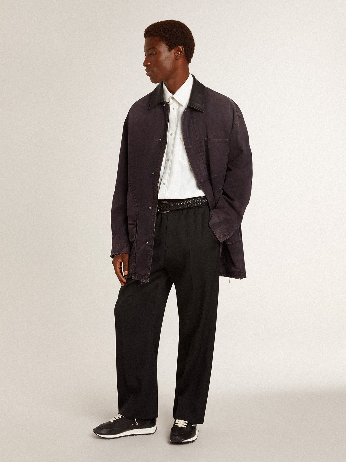 Men's denim jacket with distressed details and leather collar | Golden Goose