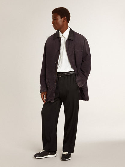 Men's denim jacket with distressed details and leather collar | Golden Goose