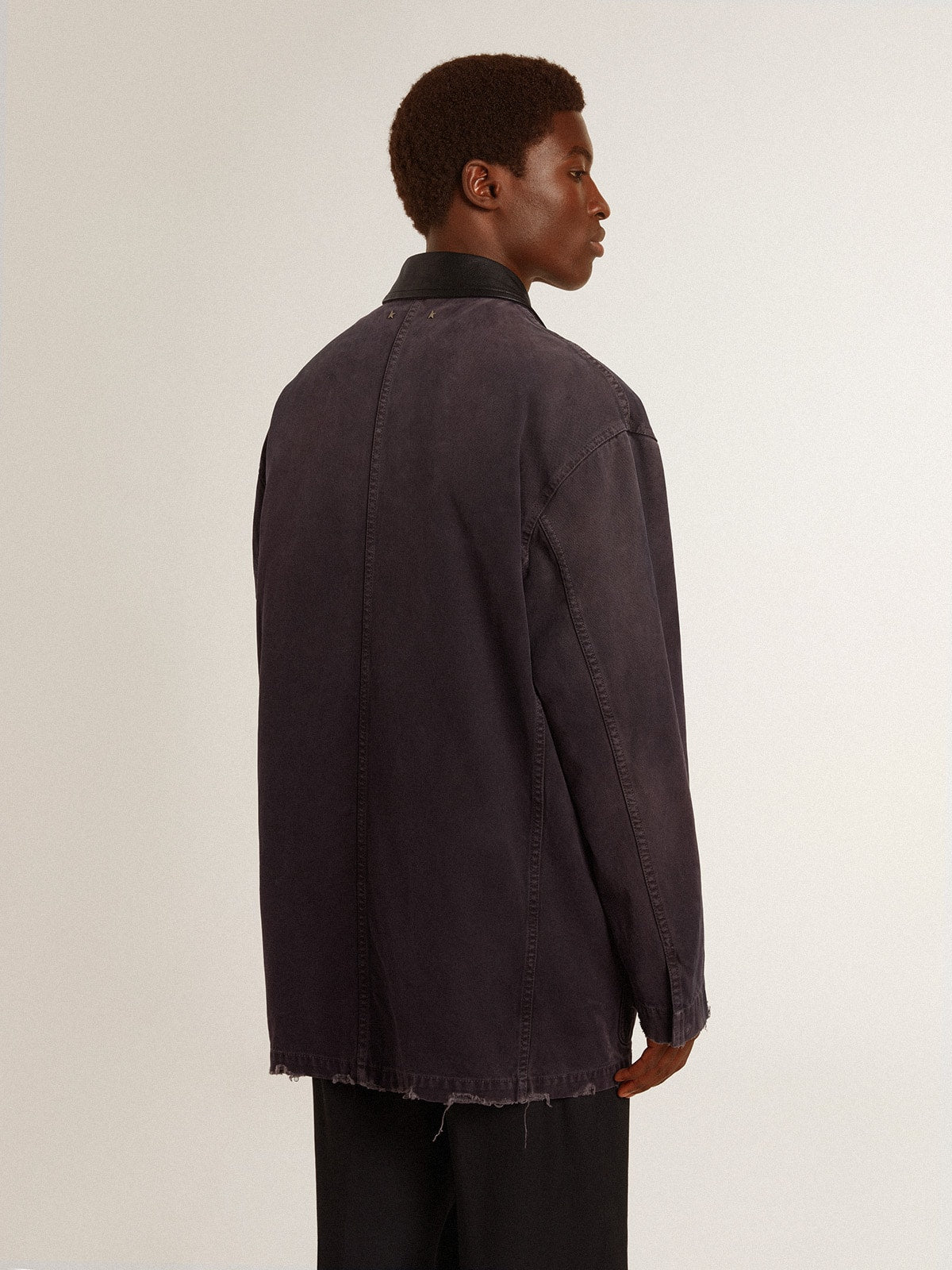 Men's denim jacket with distressed details and leather collar | Golden Goose