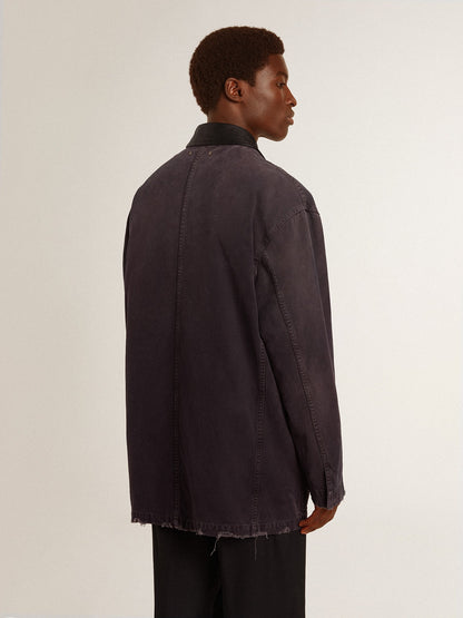 Men's denim jacket with distressed details and leather collar | Golden Goose