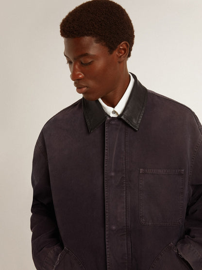 Men's denim jacket with distressed details and leather collar | Golden Goose