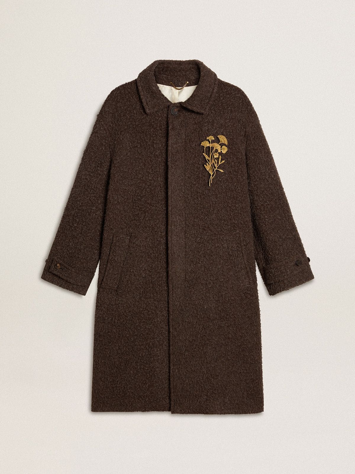 Men's single-breasted Journey coat in wrinkle wool blend with floral pin | Golden Goose
