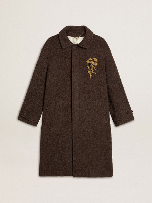 Men's single-breasted Journey coat in wrinkle wool blend with floral pin | Golden Goose