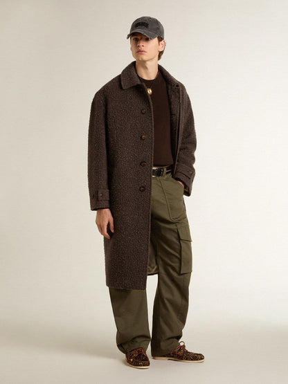 Men's single-breasted Journey coat in wrinkle wool blend with floral pin | Golden Goose