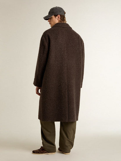 Men's single-breasted Journey coat in wrinkle wool blend with floral pin | Golden Goose