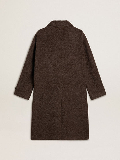 Men's single-breasted Journey coat in wrinkle wool blend with floral pin | Golden Goose