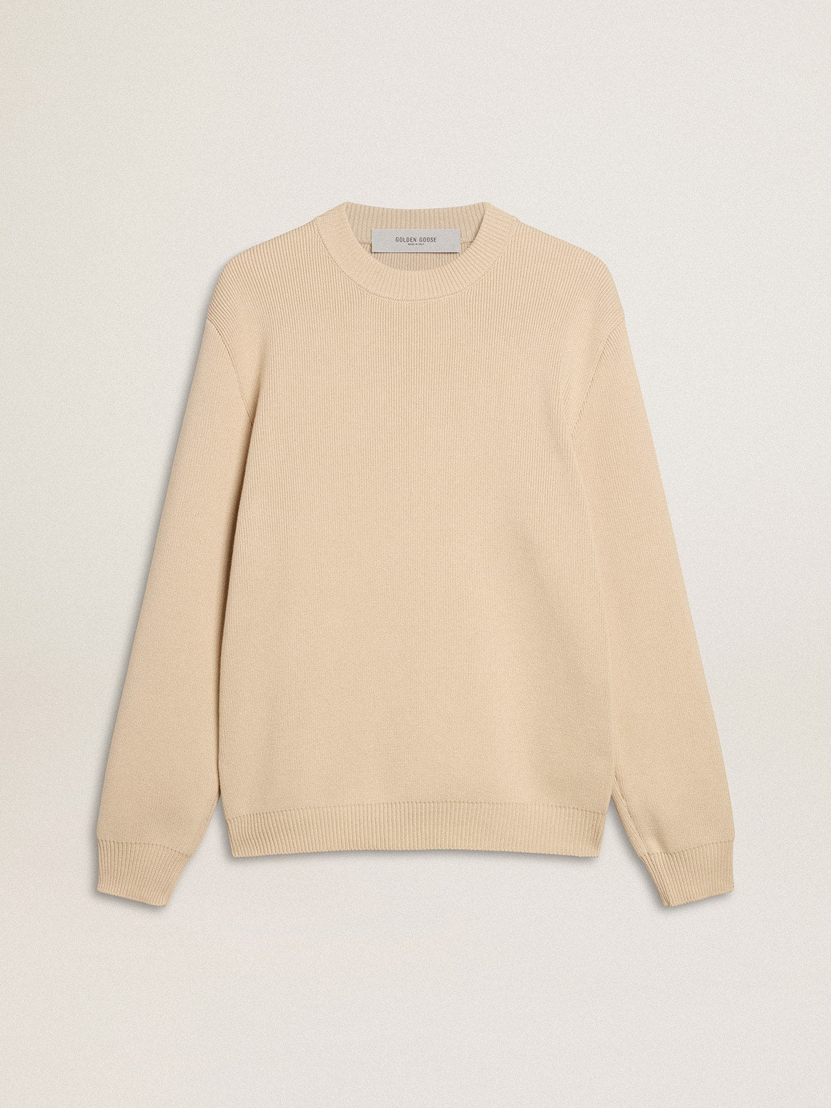 Men’s beige crew neck sweater with ‘Golden’ lettering on the back | Golden Goose