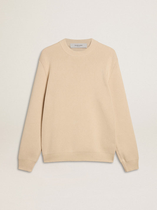 Men’s beige crew neck sweater with ‘Golden’ lettering on the back | Golden Goose