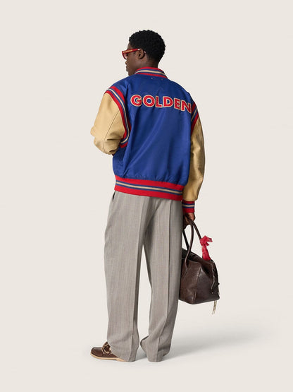 Men’s beige crew neck sweater with ‘Golden’ lettering on the back | Golden Goose