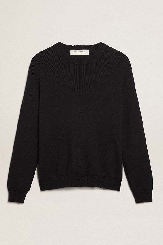 Men’s round-neck sweater in dark blue cotton | Golden Goose