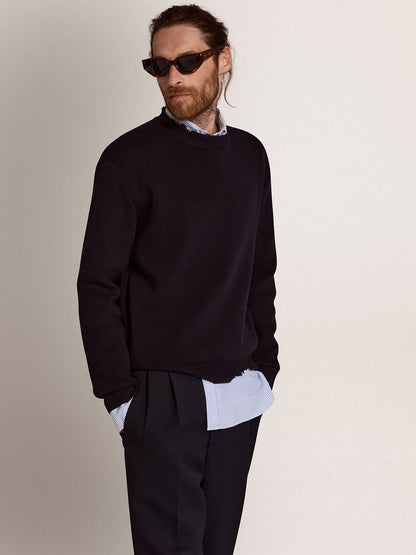 Men’s round-neck sweater in dark blue cotton | Golden Goose