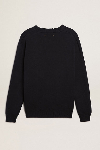 Men’s round-neck sweater in dark blue cotton | Golden Goose
