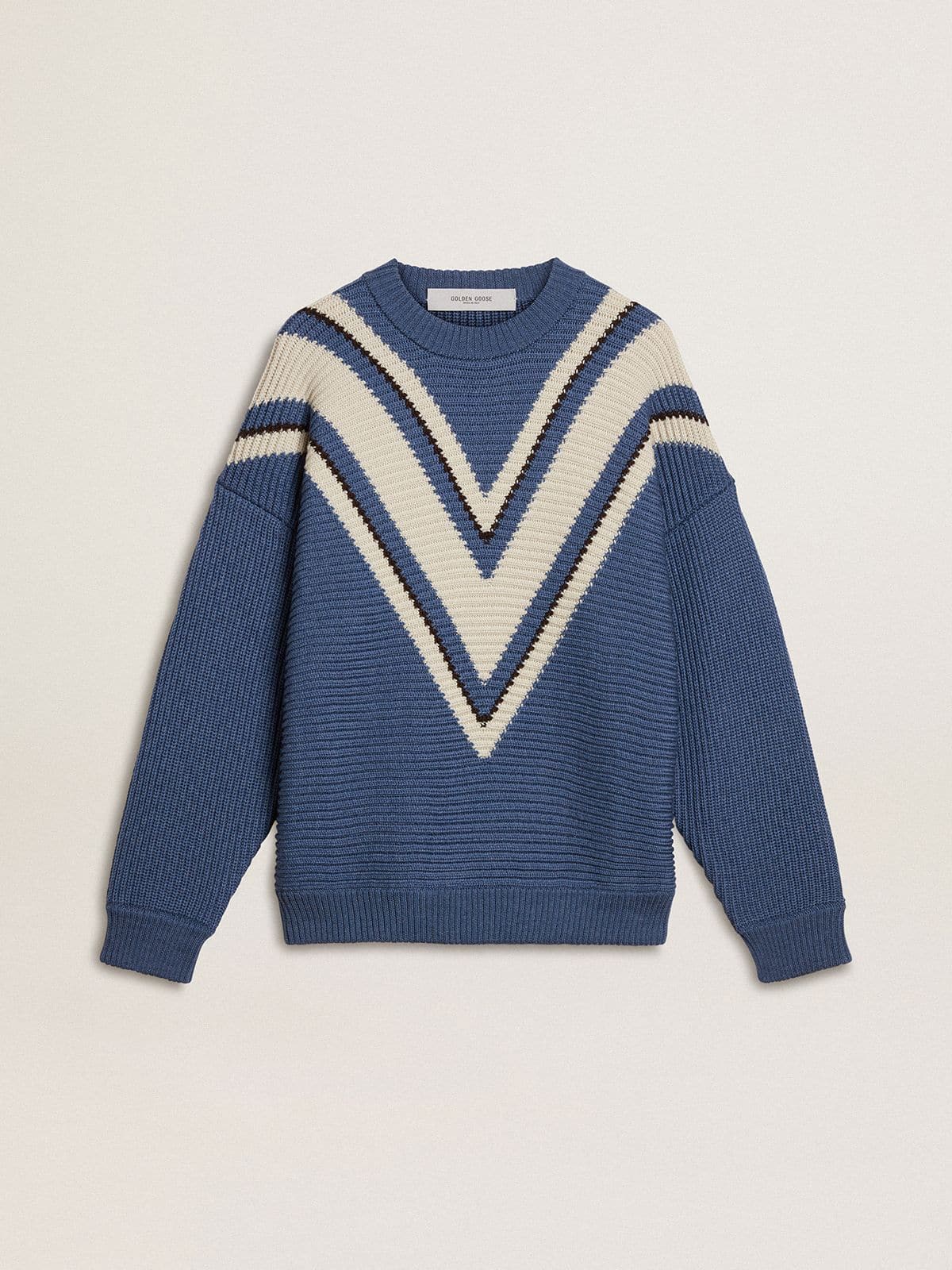 Men's light blue jacquard wool sweater with cream-colored pattern | Golden Goose